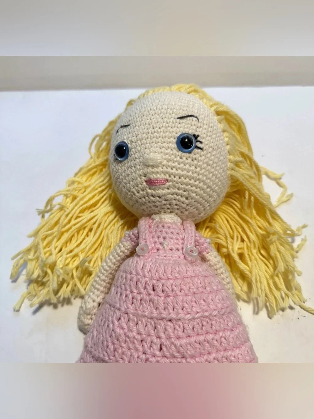 Handmade Crochet Amigurumi Doll Blonde Hair‎ Pink Dress Plush Stuffed Toy.
